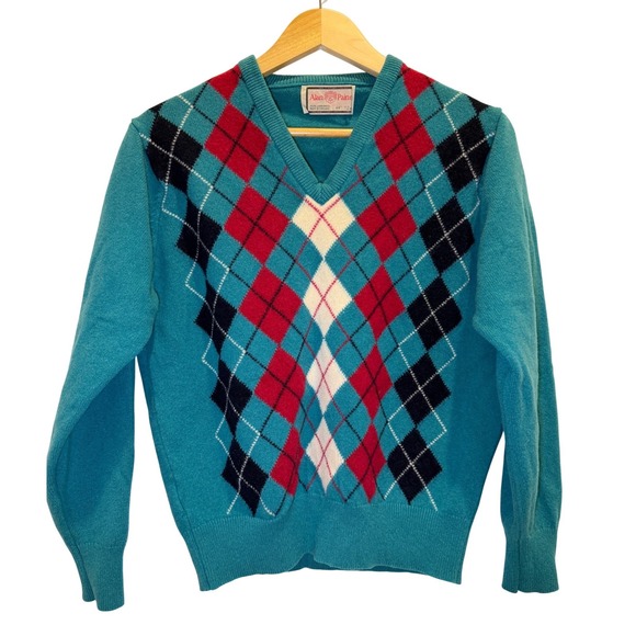 Alan Paine Other - Alan Paine Vintage Lambswool Argyle V-Neck Sweater Teal Red Made in England 44